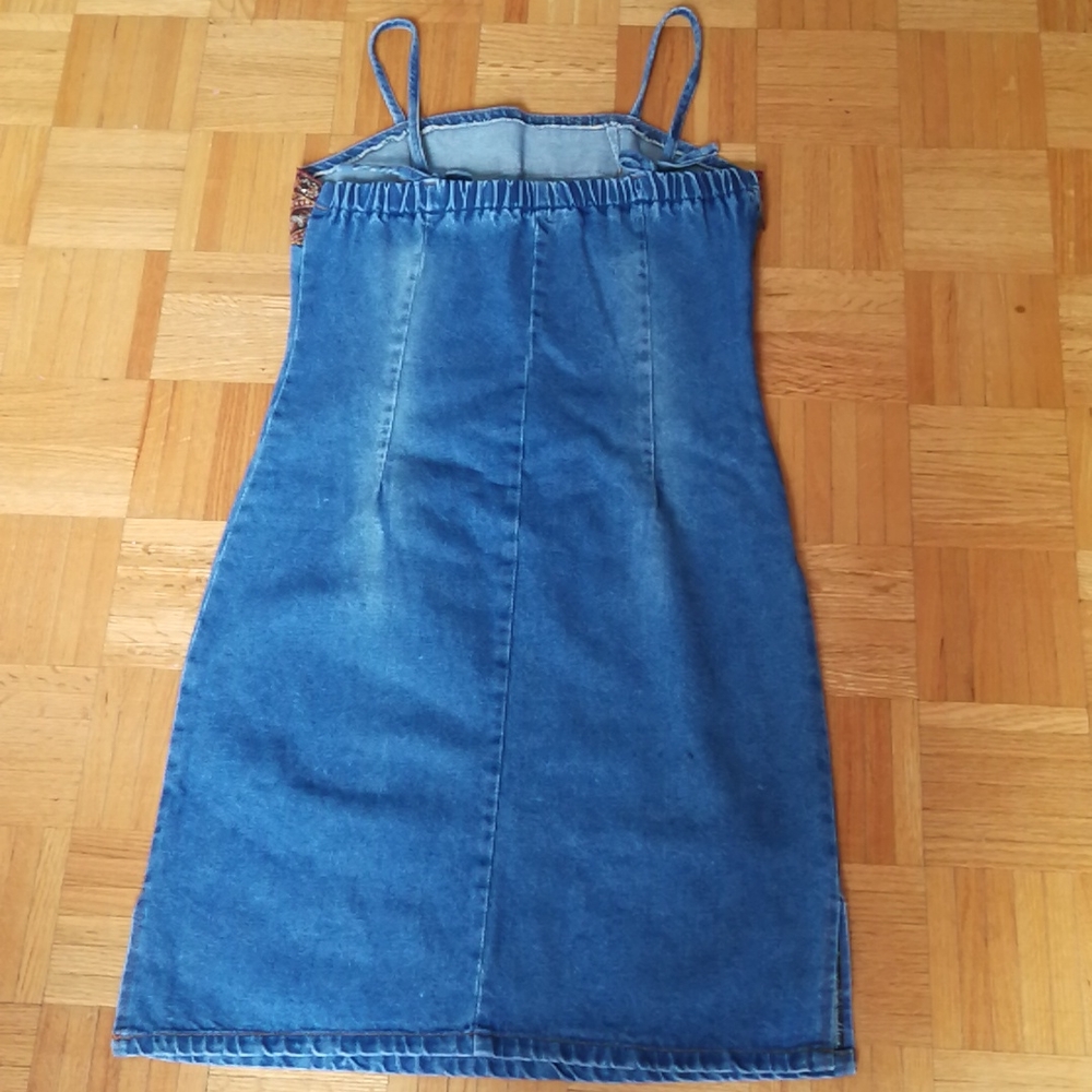 Vintage Blue Denim Slip Dress with Paisley Trim - Picture 2 of 10